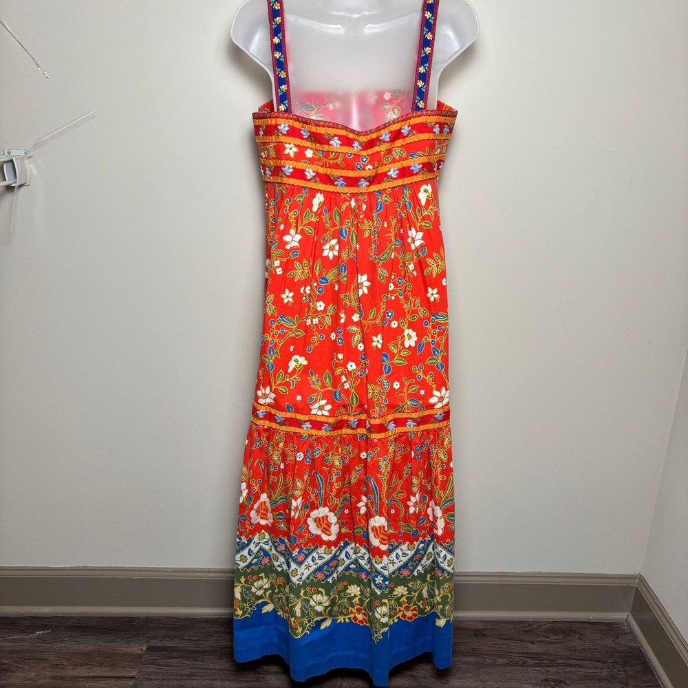 Tory Burch Dayton Orange Samba Batik Floral Tiered Summer Midi Dress Womens 8 - Picture 6 of 9